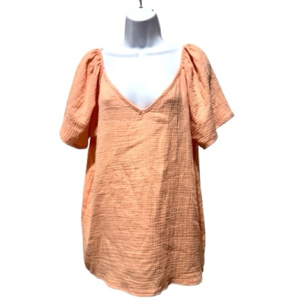 BiBi Peach Textured V-Neck Short Sleeve Blouse